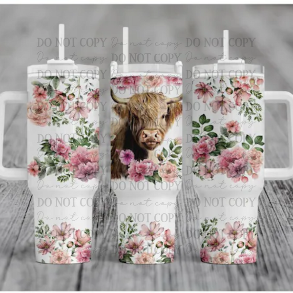 Highland Cow with Pink Flowers