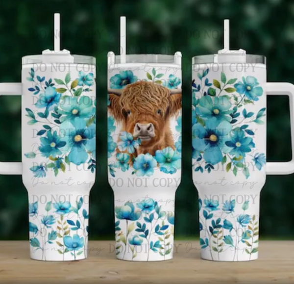 Highland Cow with Blue Flowers