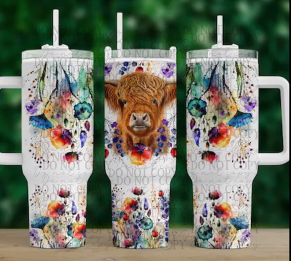 Highland Cow with Watercolor Flowers